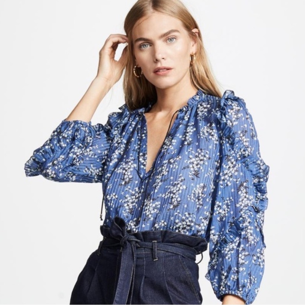 Ulla Johnson Manet Blue, White Silk Floral Ruffle Blouse Size 4